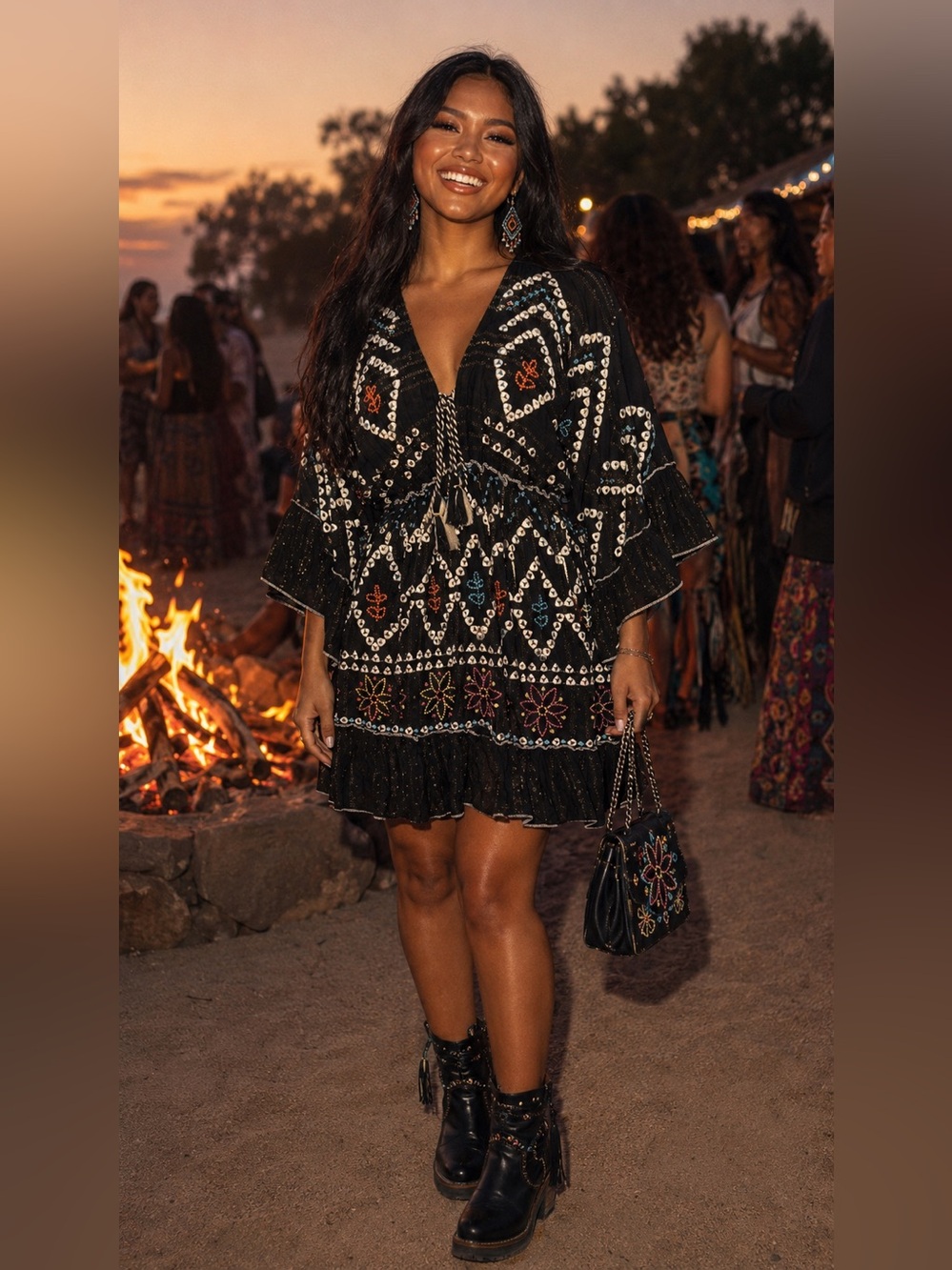 NWT Black Mirror Work Embroidered Boho Babydoll Mini Dress